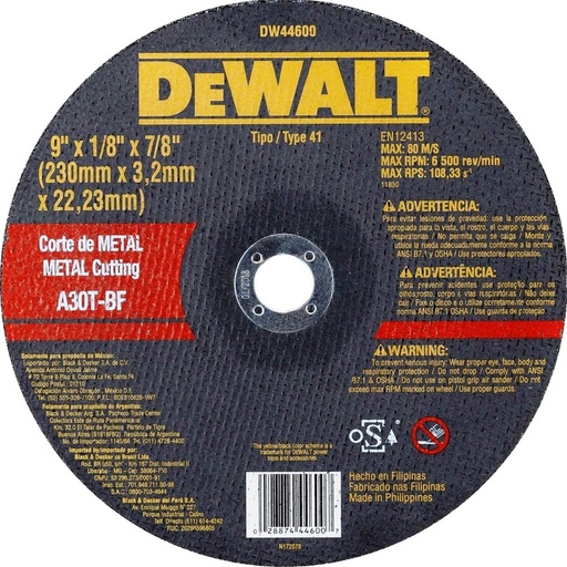 [DW44600-PH] Disco abrasivo 9" Corte metal DEWALT / Plano / 9" X 1/8" X 7/8" (230 X 3,2 X 22.23MM) / DEWALT-2-B-3-C/17-B-1-A