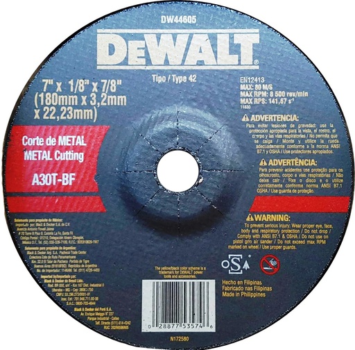 [DW44605] Disco abrasivo 7&quot; Corte metal / Concavo / 7&quot; X 1/8&quot; X 7/8&quot; ( 180 X 3.2 X 22.23MM ) / DEWALT-3-E-3-B