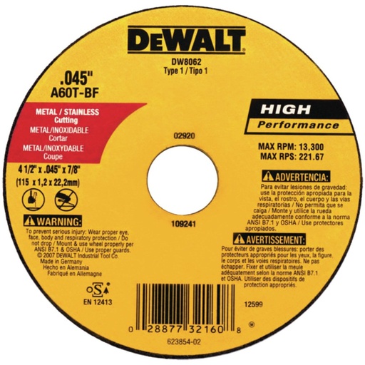 [DW8062] Disco abrasivo 4 1/2" X 1mm Corte INOX / 4 1/2" X .045" X 7/8" ( 115 X 1.2 X 22.23MM ) / DEWALT-3-E-1-C