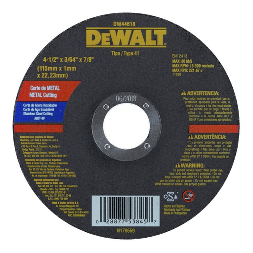 [DW44618] Disco abrasivo 4 1/2&quot; X 1mm Corte INOX / 4 1/2&quot; X 3/64&quot; X 7/8&quot; ( 115 X 1 X 22.23MM ) / DEWALT-2-C-3-B