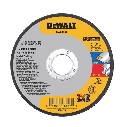 [DW84407] Disco abrasivo 4 1/2&quot; X 1.2mm Corte INOX / 4 1/2&quot; X 3/64&quot; X 7/8&quot; ( 115 X 1,2 X 22.23MM ) / DEWALT-3-E-1