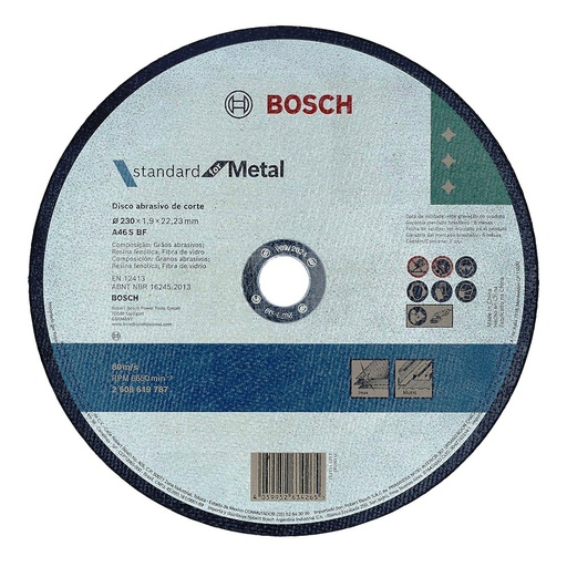 [2608619787] Disco abrasivo 9&quot; Corte metal Plano / STANDARD / 9&quot; X 5/64&quot; X 7/8&quot; (230 X 1.9 X 22.23MM) / BOSCH-