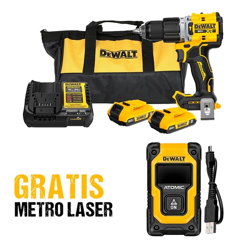 [DCD806D2-B3] Taladro inalambrico 20 V DEWALT Lithium / Sin Carbones / Percucion / Gratis Medidor Laser 16 Metros / DEWALT-4-E-3-C