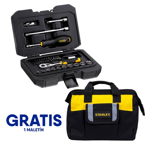[STMT82828-OF] Juego / Dados 38 Piezas / Raiz 1/4" / Milimetricas Maleta Plastica + Gratis Maletin Lona- 16-C-3-B