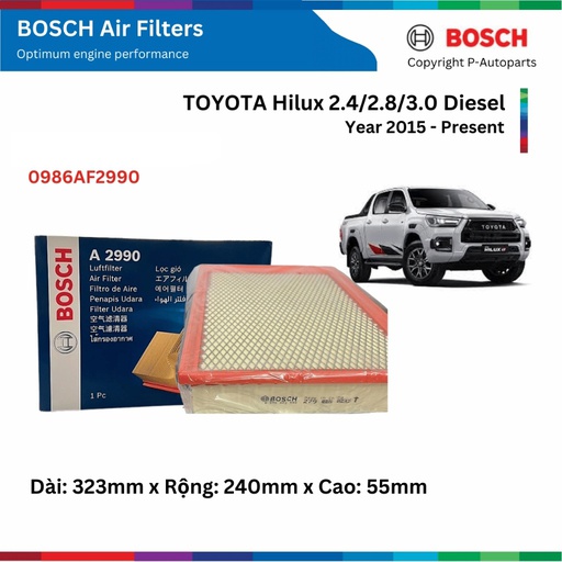 [0986AF2990] Filtro de aire A 2920 / TOYOTA HILUX 2015 - 2020 / OEM 17801-0L040 /  BOSCH / BOSCH-